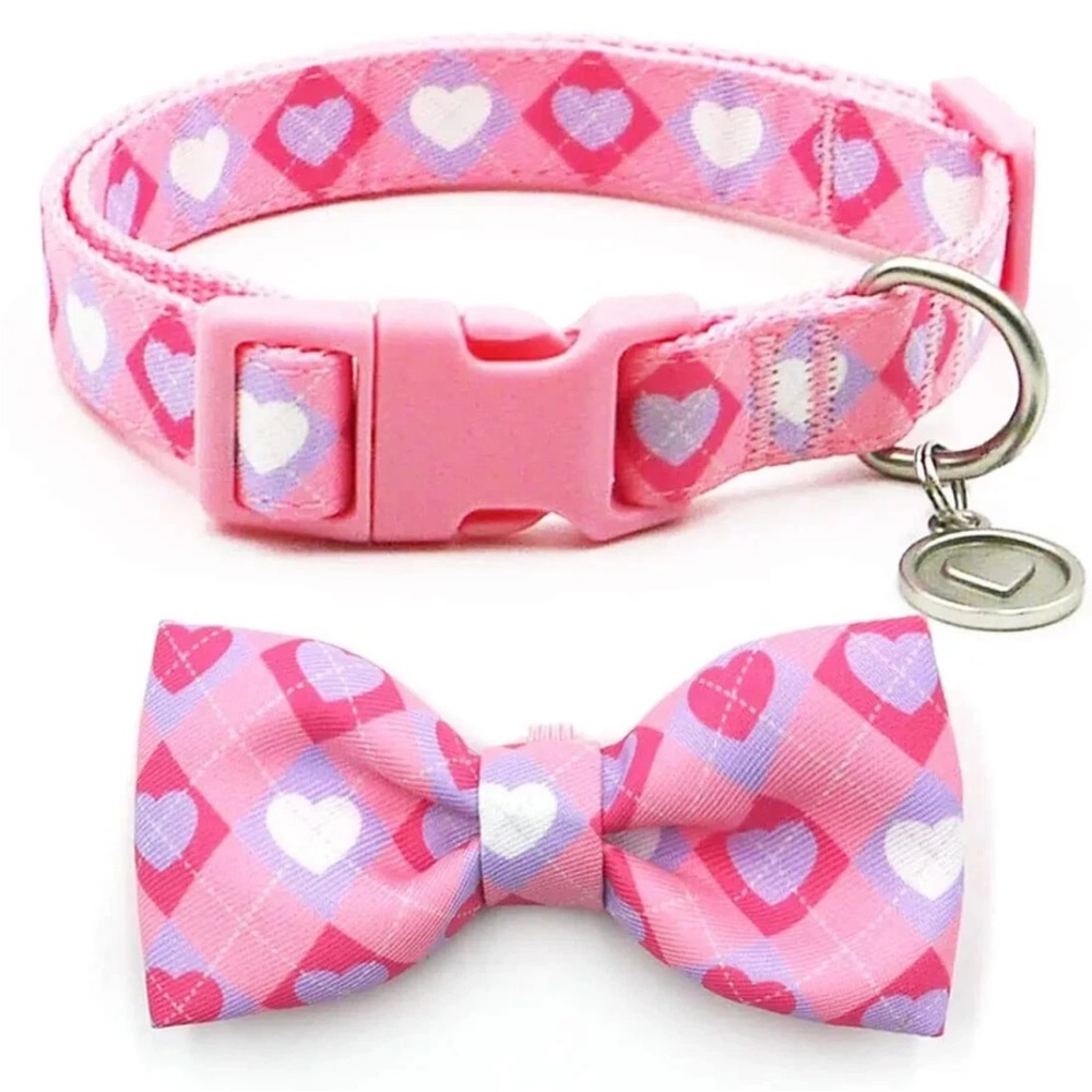 Azuza XS Extra Small Dog Collar With Bow Tie, Lovely Pink & Purple Heart Pattern